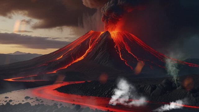 The view of the volcano erupting violently, black smoke billowing. Hot lava began to flow from the top of the mountain with a bright red color. Seamless 4K looping timelapse video animation generated 