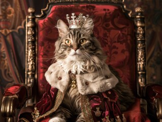 Imperious cat on a throne wearing a lavish crown