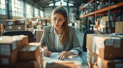 A woman is sitting at a desk in a warehouse, writing on a piece of paper