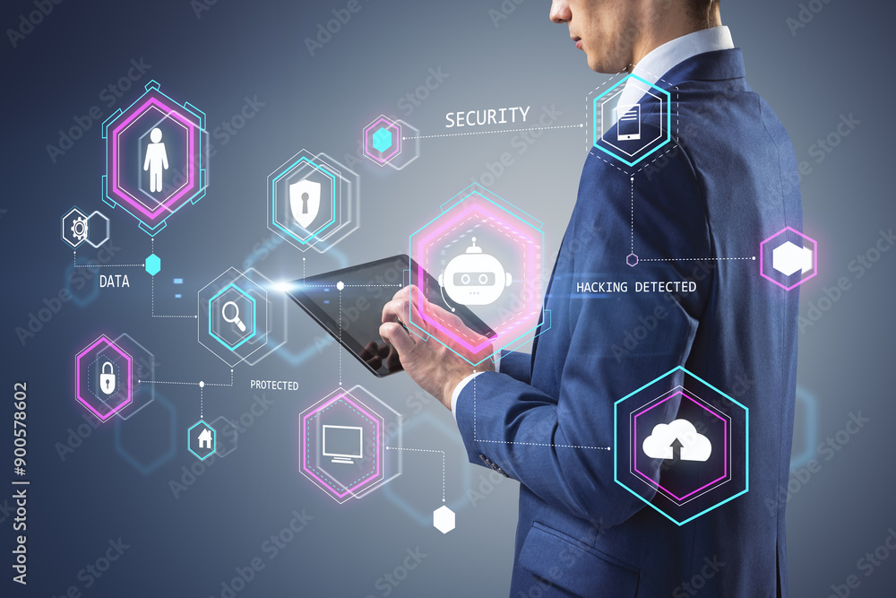 Aufkleber businessman using tablet with holographic icons representing cybersecurity and data protection on a 