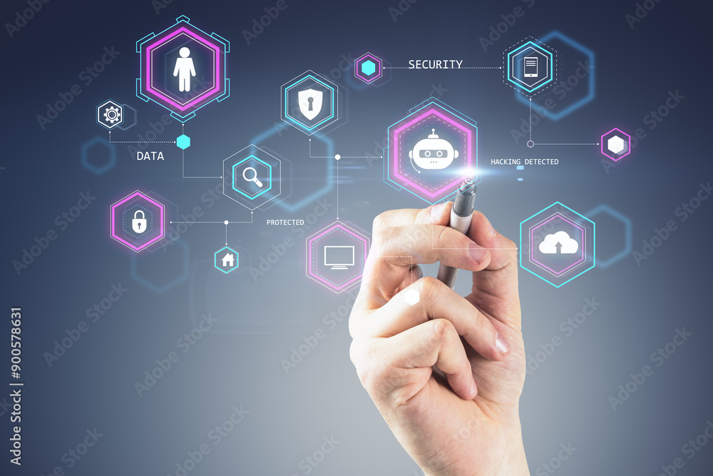 Poster Hand with pen interacting with cybersecurity icons on futuristic interface.