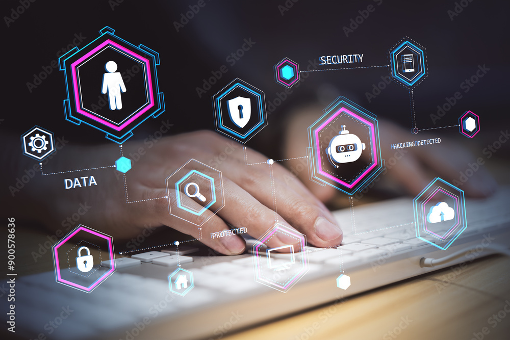 Poster hands typing on keyboard with holographic security icons on dark background.
