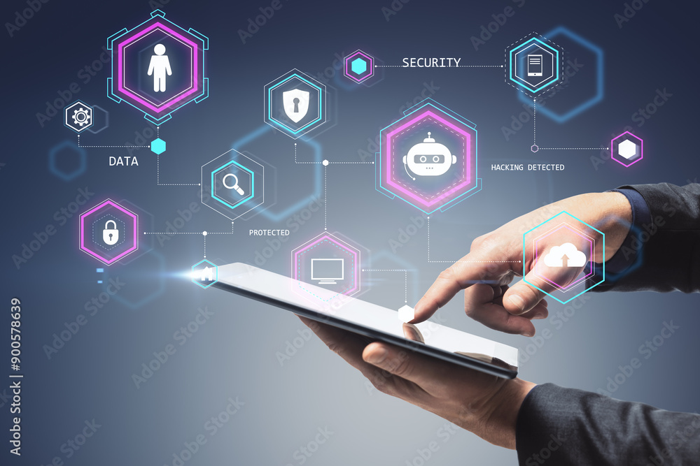 Aufkleber man using a tablet with holographic security icons and connections on a dark background.