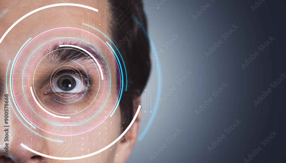 Poster human eye with digital interface overlay on gradient background, concept of future technology and vi