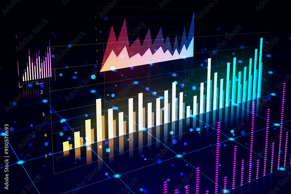 Sticker Colorful financial graphs and charts on dark digital background. 3D Rendering