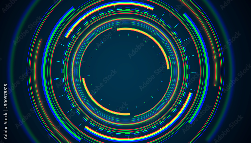 Poster Colorful circular digital interface on dark background. 3D Rendering
