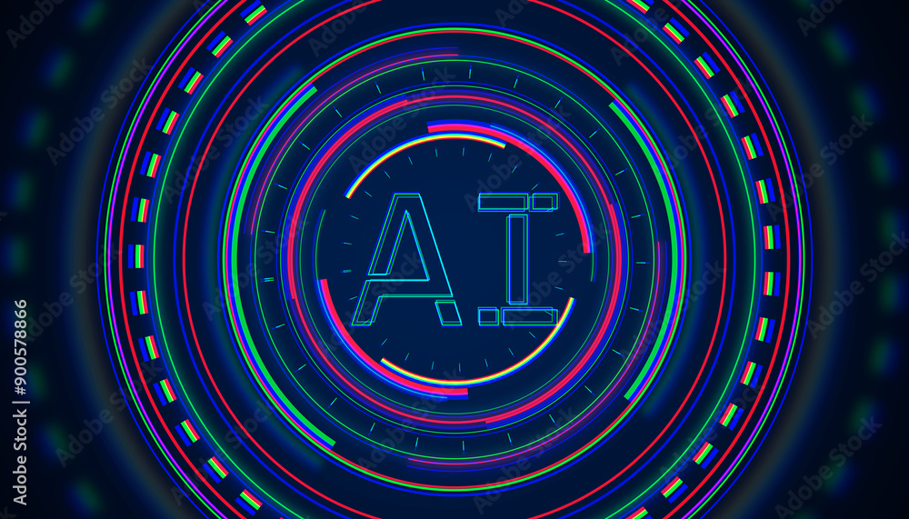 Poster Abstract neon circular pattern with A.I. text in the center. 3D Rendering