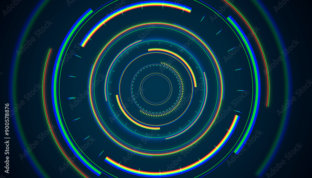 Aufkleber Abstract circular neon digital interface on dark background. 3D Rendering