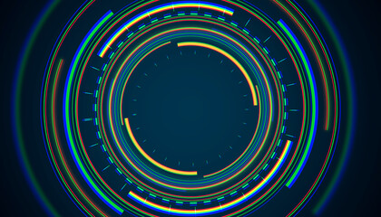 Colorful circular digital interface on dark background. 3D Rendering