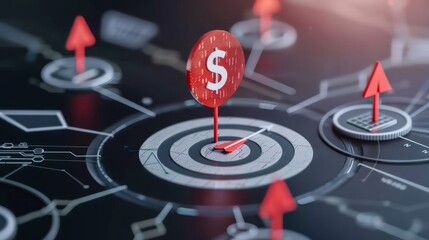 Multiple arrows pointing to different financial goals, a central arrow larger and more prominent to indicate a primary investment strategy, surrounded by technology symbols