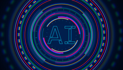 Abstract neon circular pattern with A.I. text in the center. 3D Rendering