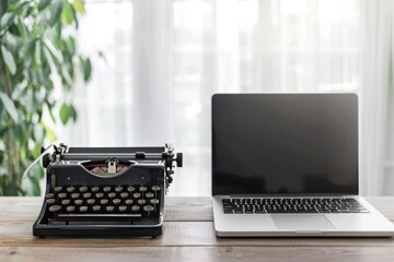 modern laptop side by side with a vintage typewriter