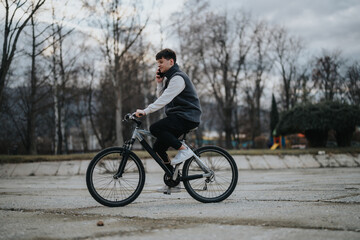 Fototapeta premium Young male teenager riding a bicycle in a park setting during the day