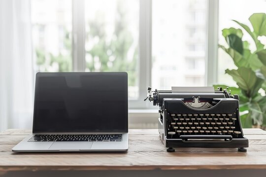 modern laptop side by side with a vintage typewriter