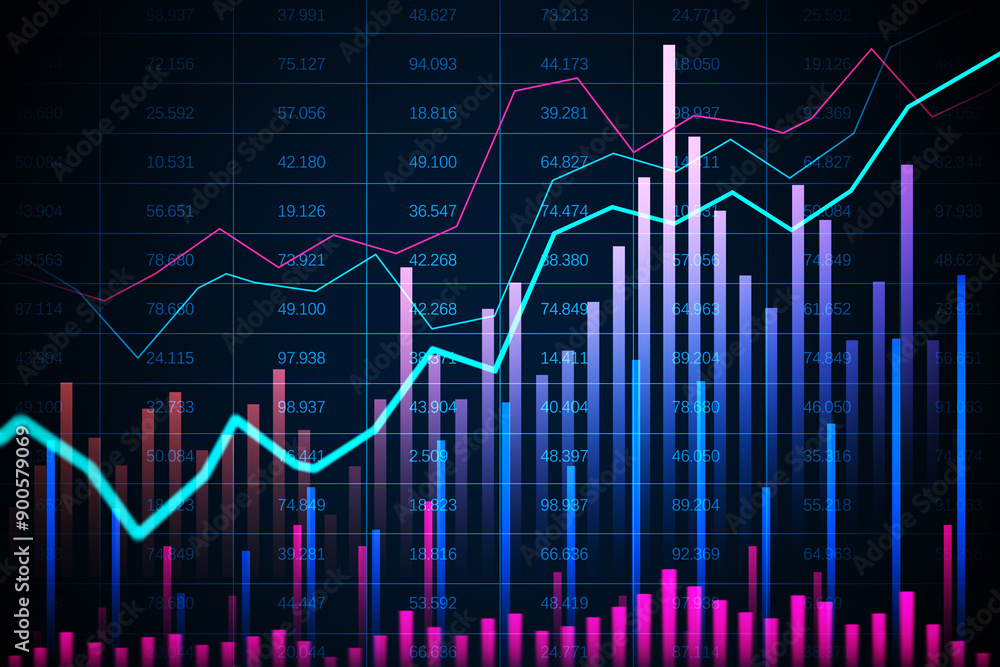 Poster Colorful financial bar and line graphs on a dark background. 3D Rendering