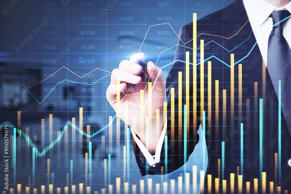 Poster businessman analyzing stock market data on a transparent screen with financial graphs.