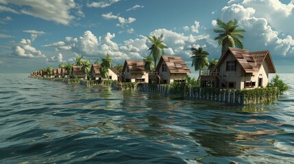 Fototapeta premium Community members work together to build robust sea walls, safeguarding houses from encroaching ocean waters and climate change effects