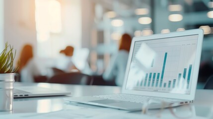 Open workspace with employees discussing strategies, arrows and charts superimposed, highlighting dynamic business growth and achievements
