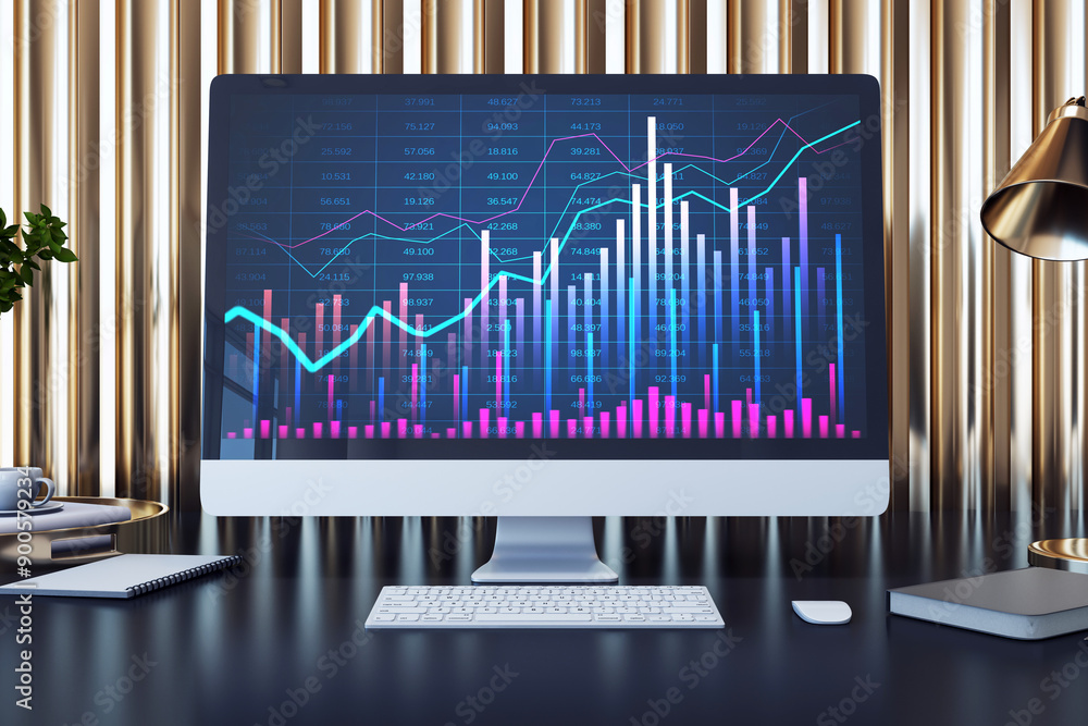 Poster Computer monitor displaying financial graphs and charts on desk. 3D Rendering