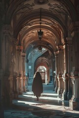 A person walking alone down a long hallway in a building, possible office or school setting