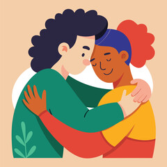 Hug Vector cartoon illustration of Happy meeting of two Friends hugging. Two friends happy to each other. Love, relatives, friends