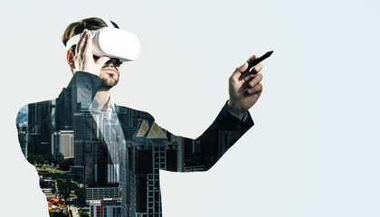Man wearing VR headset with cityscape overlay in double exposure effect.