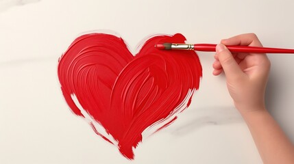 A child is painting a heart on a white surface with a red paint brush.