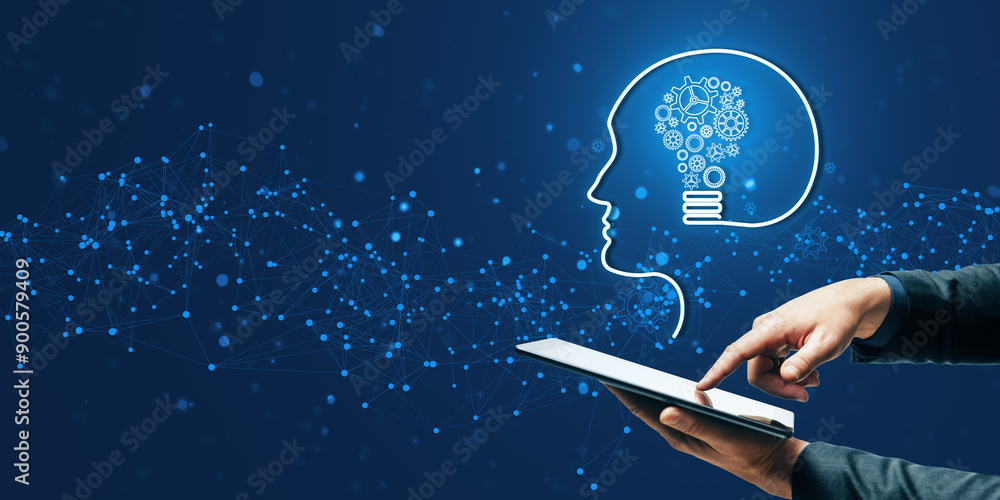 Poster Concept of Artificial Intelligence with Brain and Network on Blue Background.