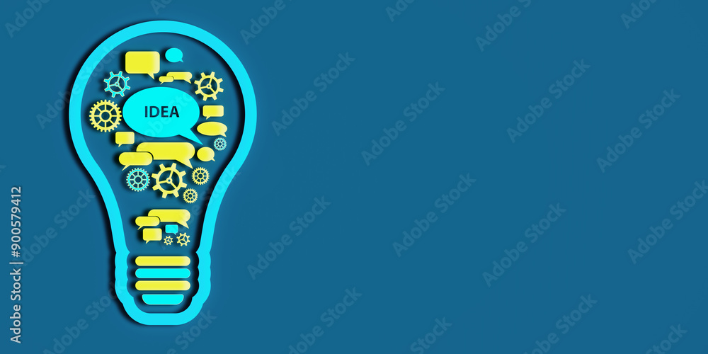 Aufkleber lightbulb filled with gears and speech bubbles on blue background. 3d rendering