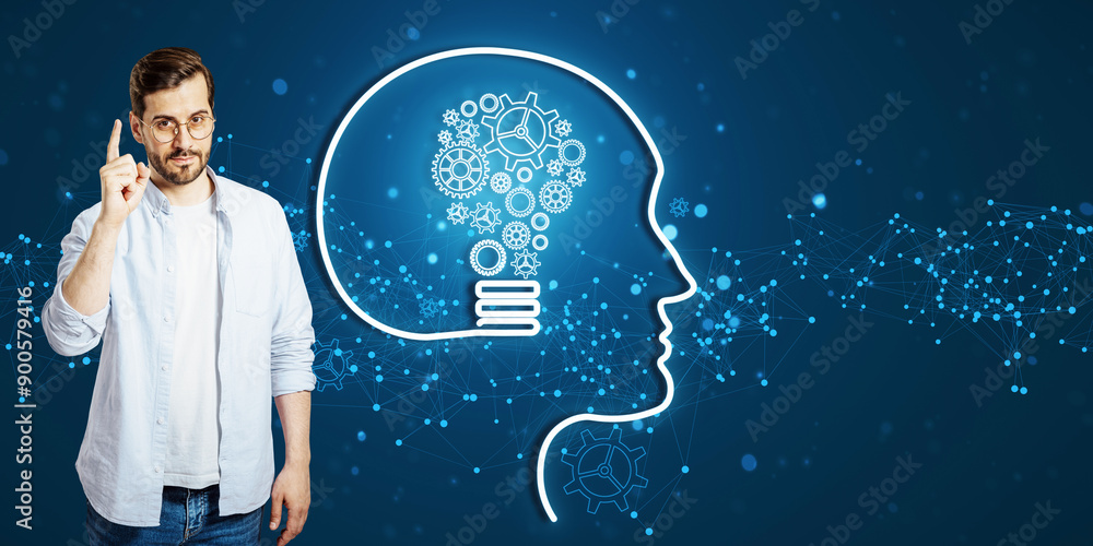 Poster Man pointing up with an illustrated head and gears on a blue background, representing brainstorming and innovation.