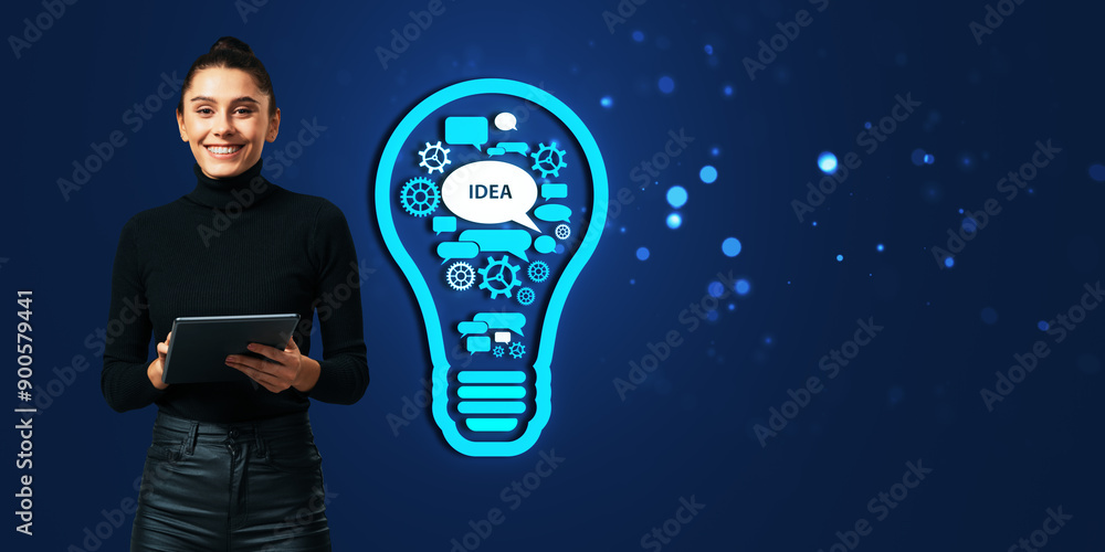 Poster smiling woman holding a tablet with a lightbulb graphic filled with gears and idea icons on a dark b