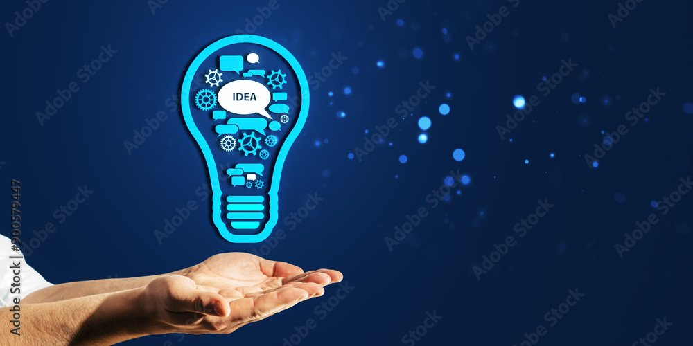Poster concept of idea with lightbulb shape and hands on blue background.
