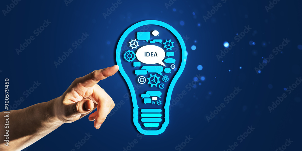 Poster Hand pointing towards lightbulb-shaped design with idea concept on blue background.