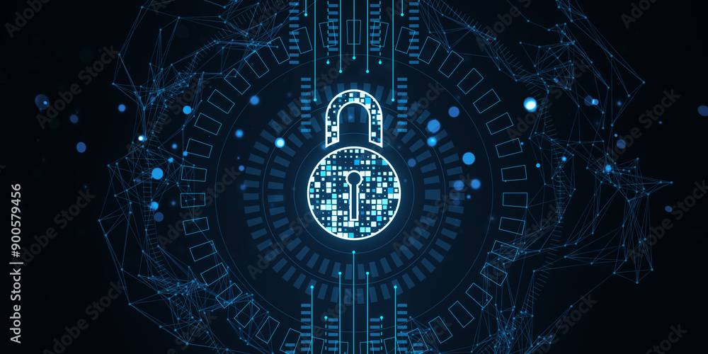 Poster Digital Padlock Icon with Neon Outline on Dark Network Background. 3D Rendering