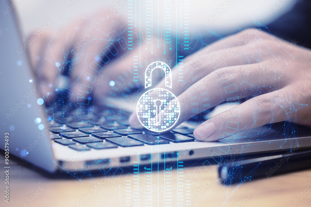 Poster Hands typing on a laptop with a digital padlock icon overlay symbolizing cybersecurity and data protection.