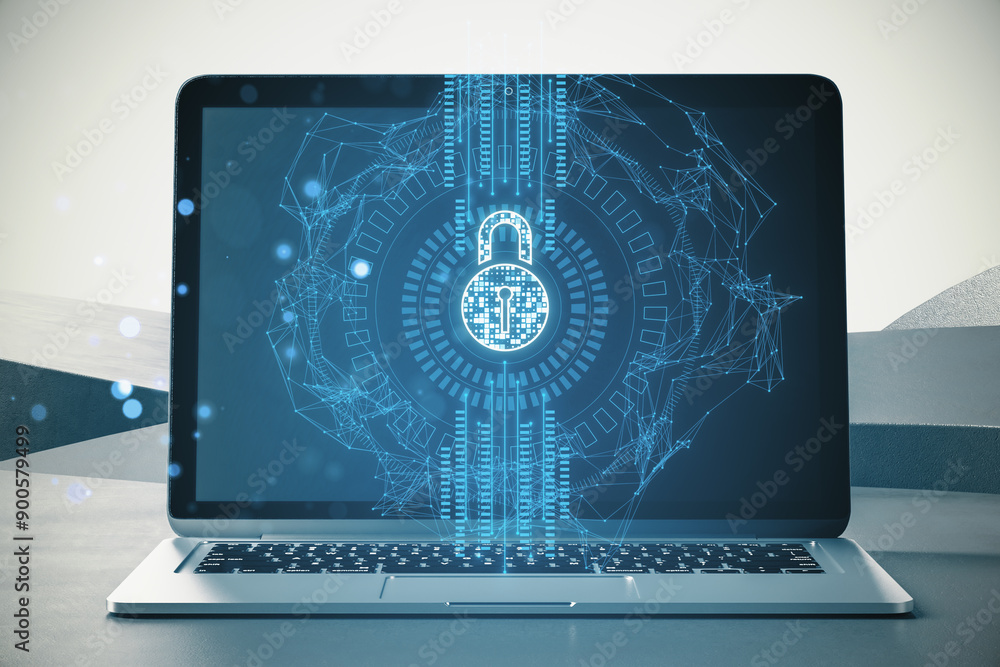 Poster digital padlock hologram on a laptop screen with abstract blue lines.