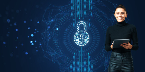 Woman holding tablet with digital padlock overlay on dark background, cyber security concept.