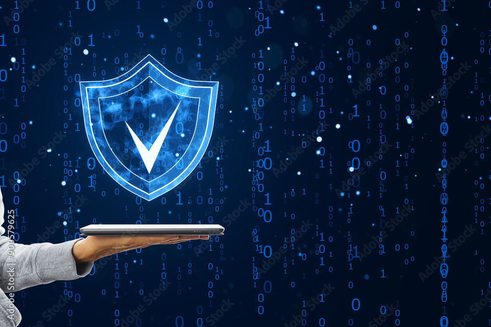 Poster Cybersecurity shield icon on tablet, binary code background, digital data protection concept.