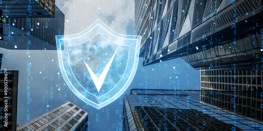 Poster Shield icon overlay with check mark against skyscrapers and digital binary codes background.