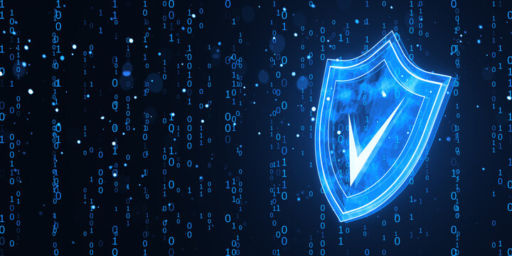 Digital shield with checkmark against binary code backdrop. 3D Rendering