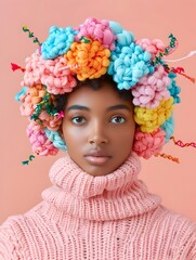 Vibrant Portrait of a Creative Woman with Colorful Floral Headpiece
