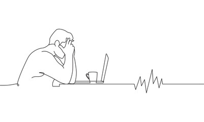 Line art illustration of a man working on a laptop