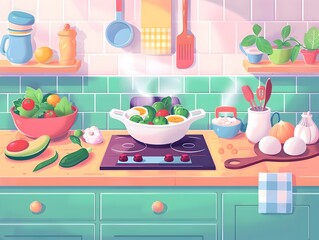Colorful kitchen counter with fresh ingredients and cooking utensils for gourmet meal