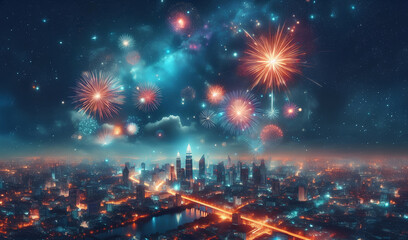 This is a vibrant image of a cityscape at night, with a dazzling display of fireworks exploding over a river