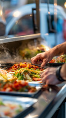 Fototapeta premium Vibrant Street Food: A Close-Up on Fresh and Colorful Dish Preparation