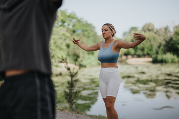 A woman doing calisthenics workout in the park, promoting fitness, exercise, and healthy living in a natural outdoor setting.