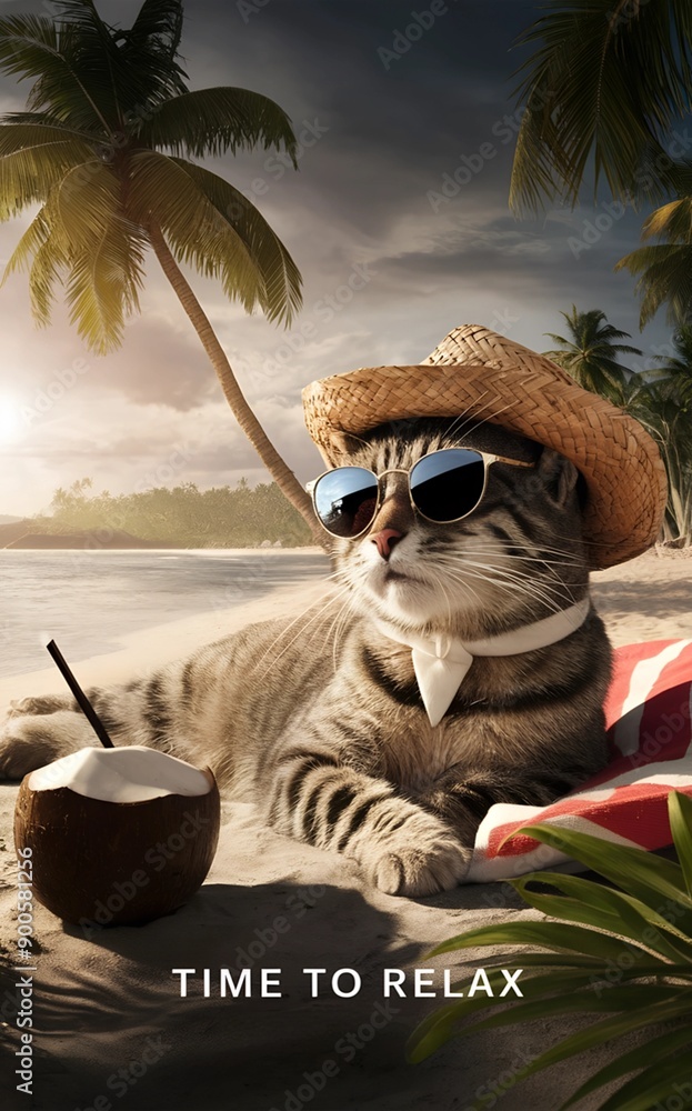 Wall mural stylish cat wearing a straw hat and sunglasses, relaxing on a sandy beach under a canopy of palm tre