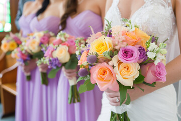 Naklejka premium Bride holding bouquet of flowers. A minimalist artwork for weddings using Golden Yellow, Warm Pink, and Soft Purple. Highlights color contrast and harmony, ideal for sophisticated wedding visuals.