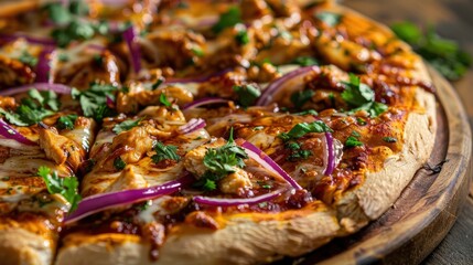 A hot BBQ chicken pizza topped with red onions and fresh cilantro is served, showcasing its delicious flavors and crispy crust