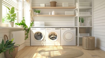 3D Interior of Laundry Room with White Color Theme